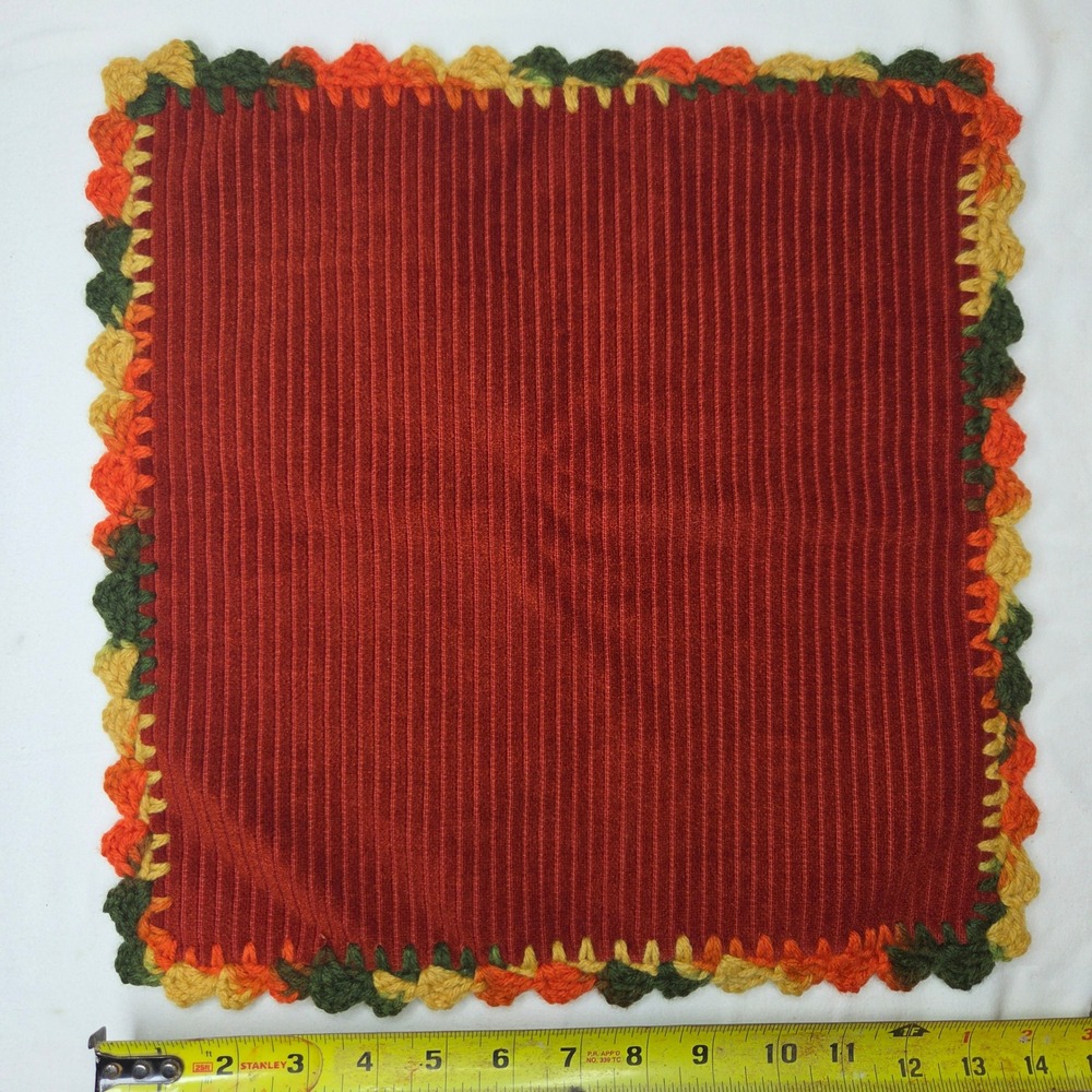 Vtg Handmade Corduroy Pillow Cover Rust Red Crochet Scalloped Trim 13.5x13.5